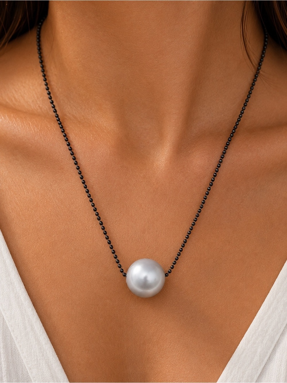 Estate Sterling Silver Anodized Ball Chain with 12mm Grey Pearl 18 Inches